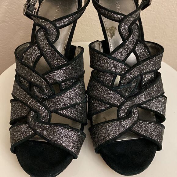 Antonio Melani black/grafite sparkly high heel sandals ankle strap 9M - Picture 2 of 5